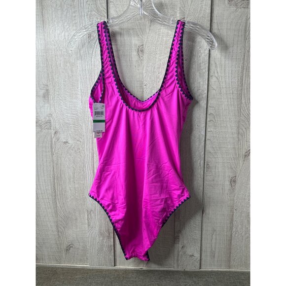 Lucky Brand Womens Pink Black Lace Trim One-Piece Swimsuit Large Nylon Blend - Picture 2 of 5
